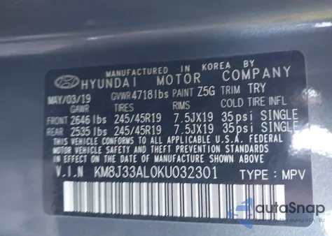 2019 Hyundai Tucson Sport из США, поврежденный, VIN KM8J33AL0KU032301